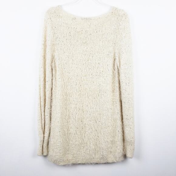 Red - Ivory Sparkle Eyelash Knit Sweater Crew neck Longer Length Size Large - Picture 10 of 13